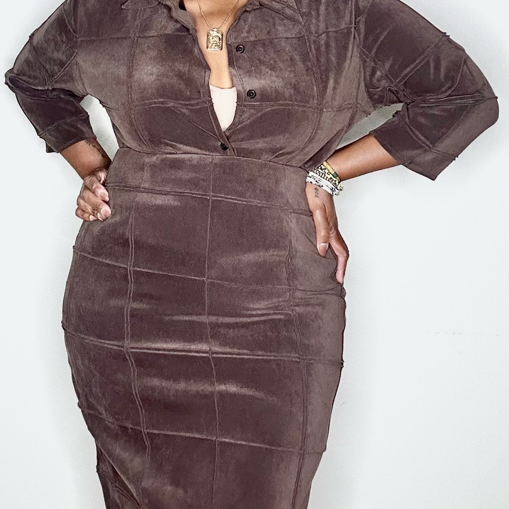 Vintage Silk Club Brown Suede-Look Skirt Suit Set | XL Top / 14 Skirt